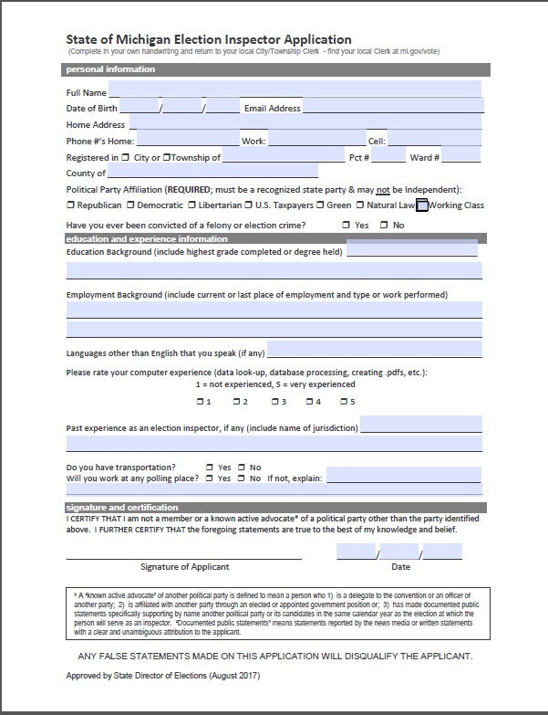 This is the City of Battle Creek Poll Worker Application for the 2020 november elections